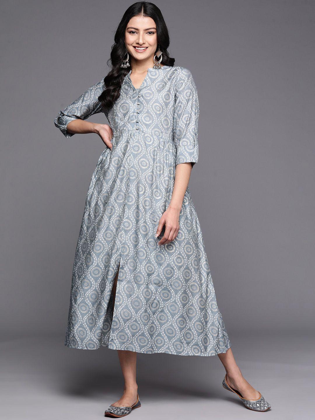 libas ethnic motifs roll-up sleeves a-line midi ethnic dress