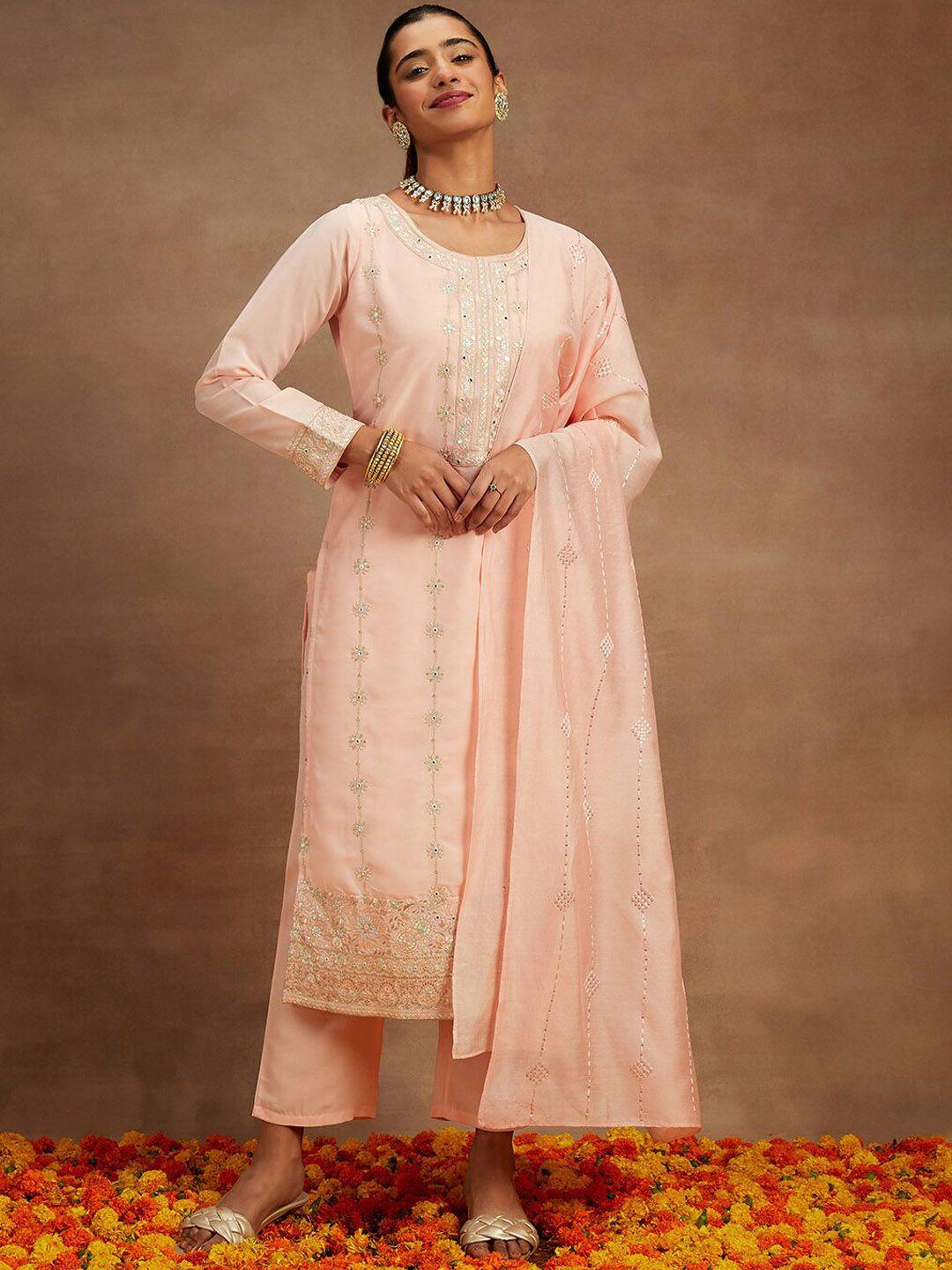 libas floral embroidered thread work pure silk kurta with trousers & dupatta