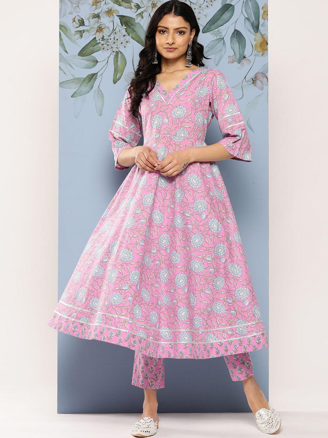 libas floral printed pleated gotta patti pure cotton kurta with trousers