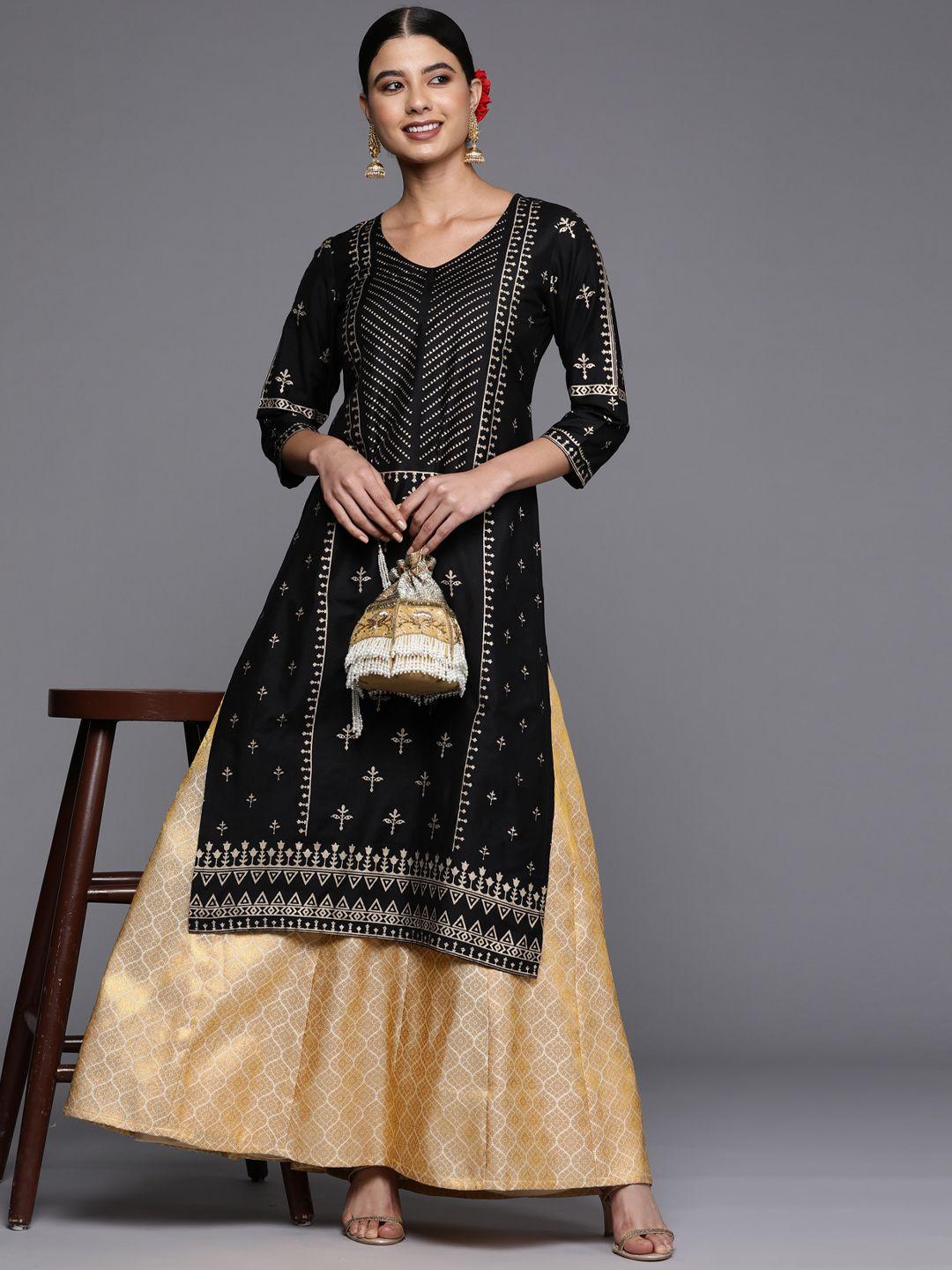 libas golden ethnic motifs brocade panelled maxi flared skirt