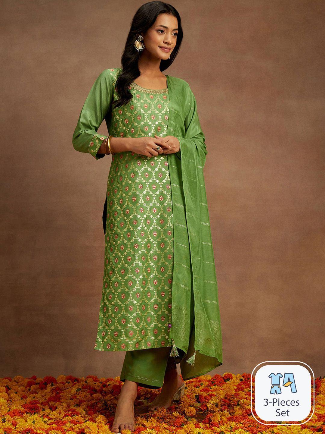 libas green ethnic motifs woven design  kurta with trousers & with dupatta