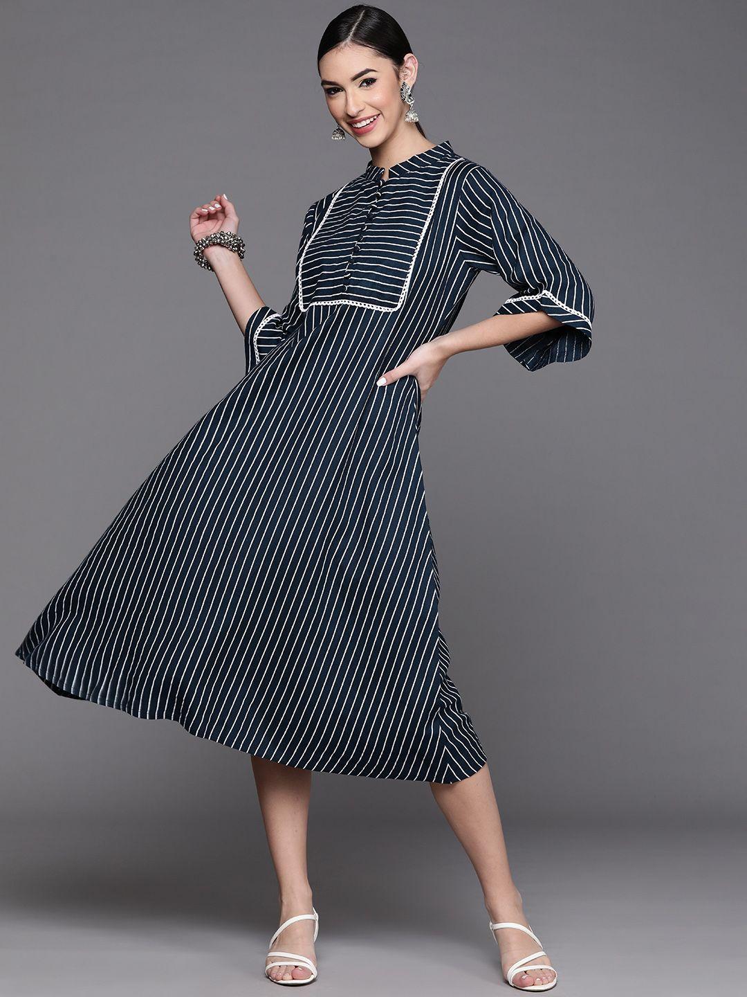 libas navy blue striped ethnic cotton a-line midi dress