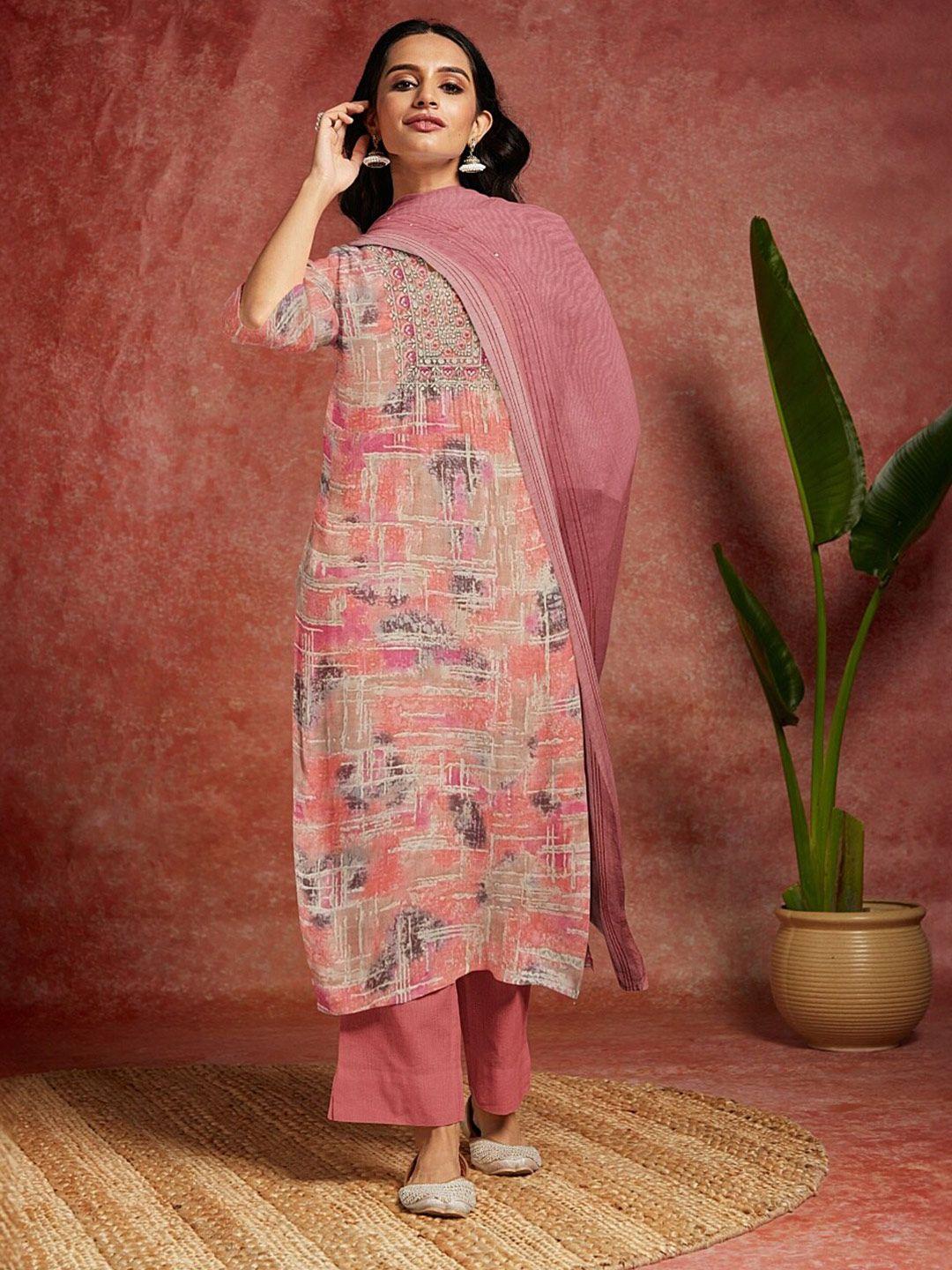 libas peach-coloured abstract printed unstitched dress material