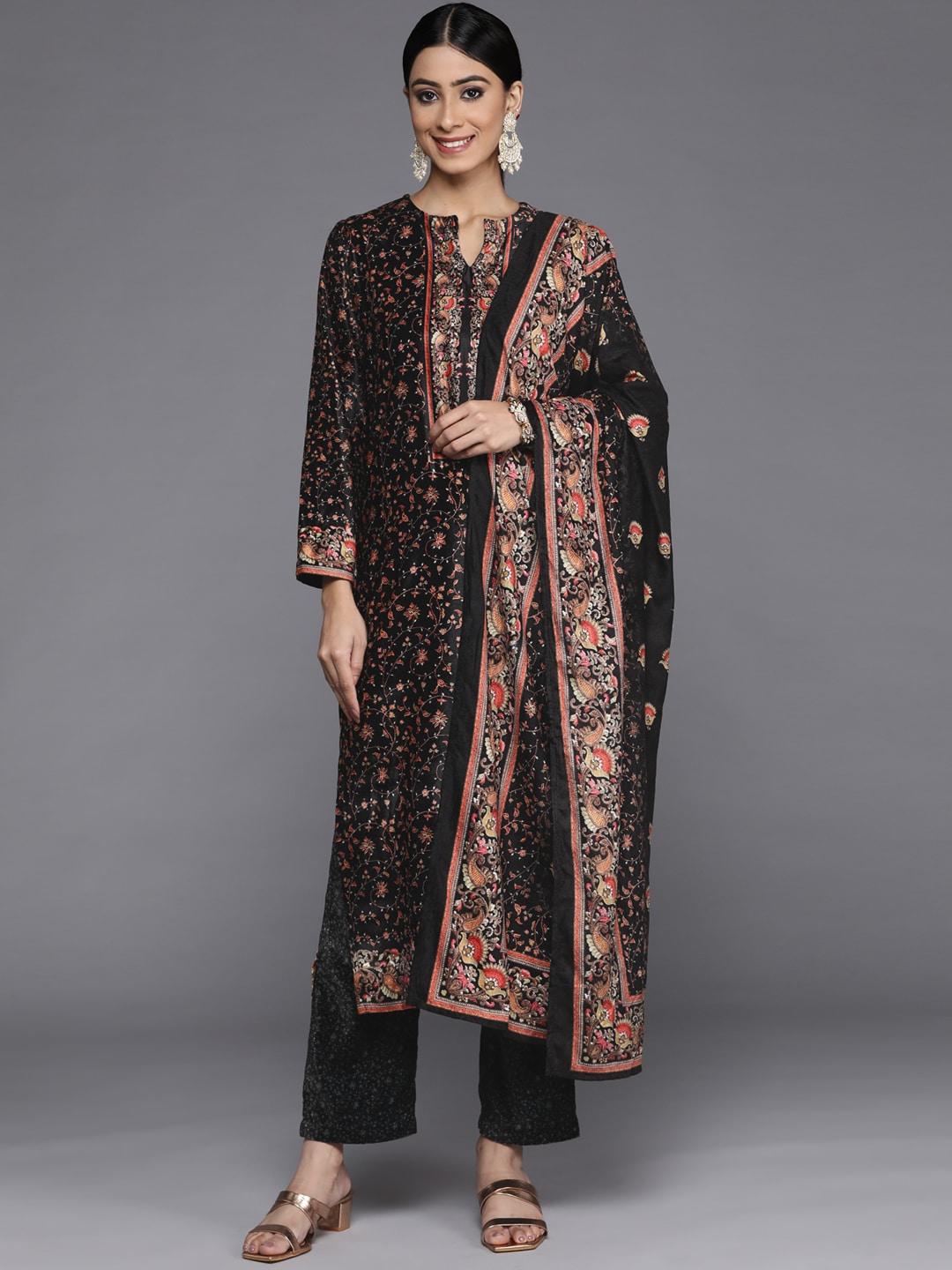 libas women black floral motifs printed velvet kurta with trousers & with dupatta