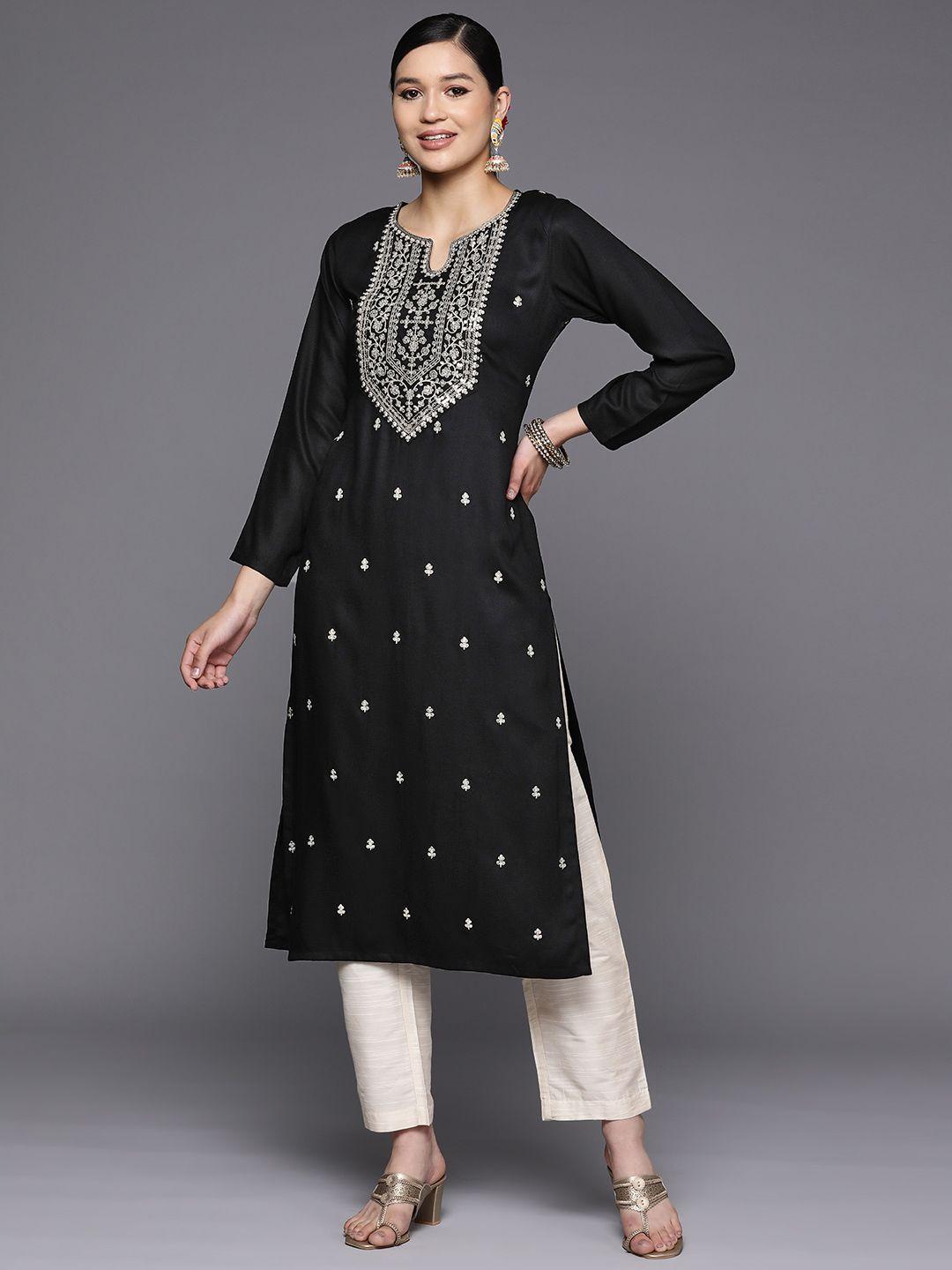libas-women-black-pashmina-wool-floral-sequins-embroidered-yoke-detail-straight-kurta