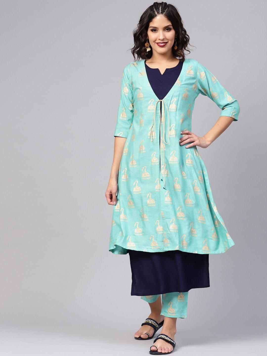 libas women blue & golden solid layered kurta with trousers