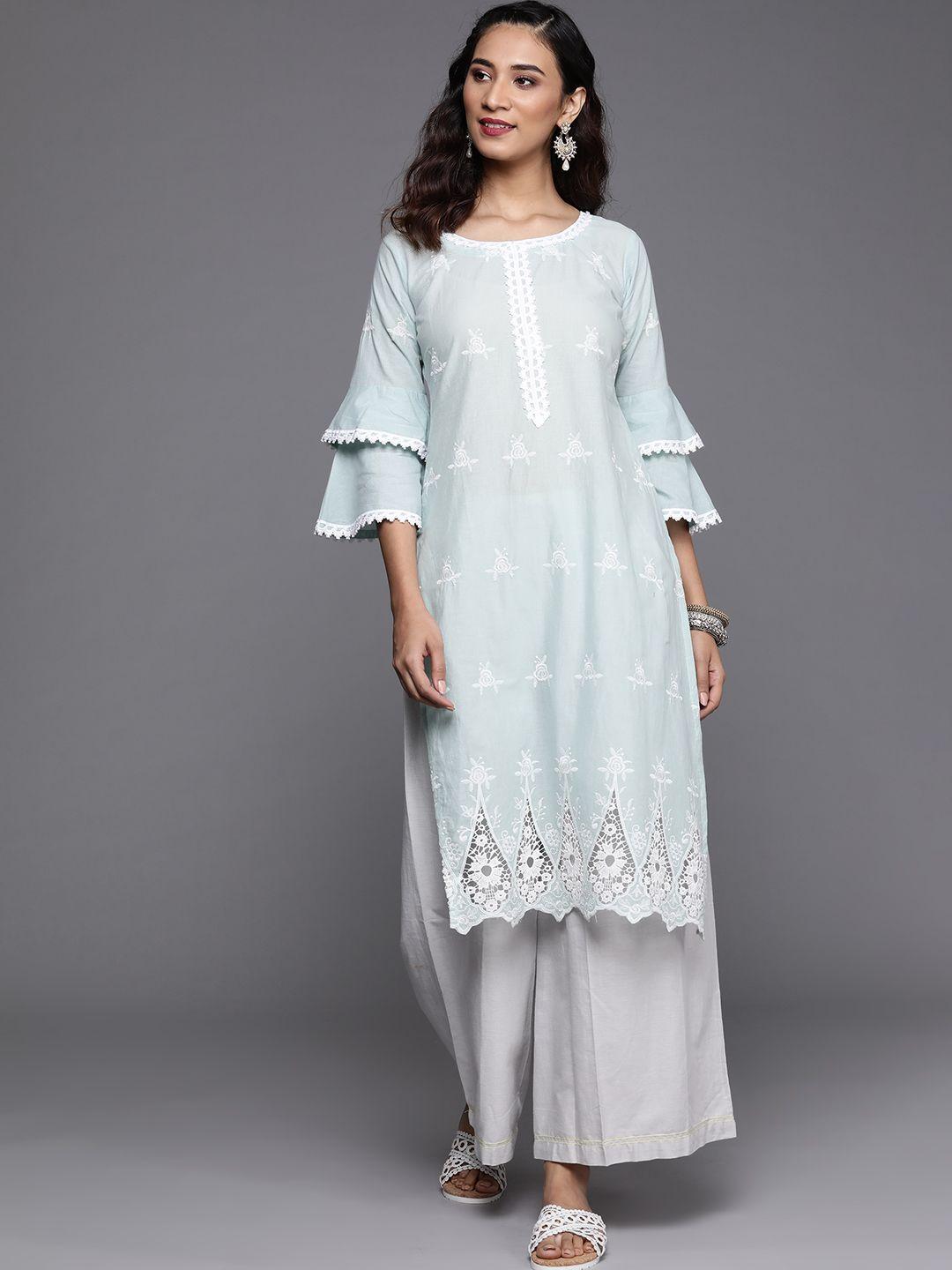 libas women blue & white ethnic motifs embroidered bell sleeves straight kurta