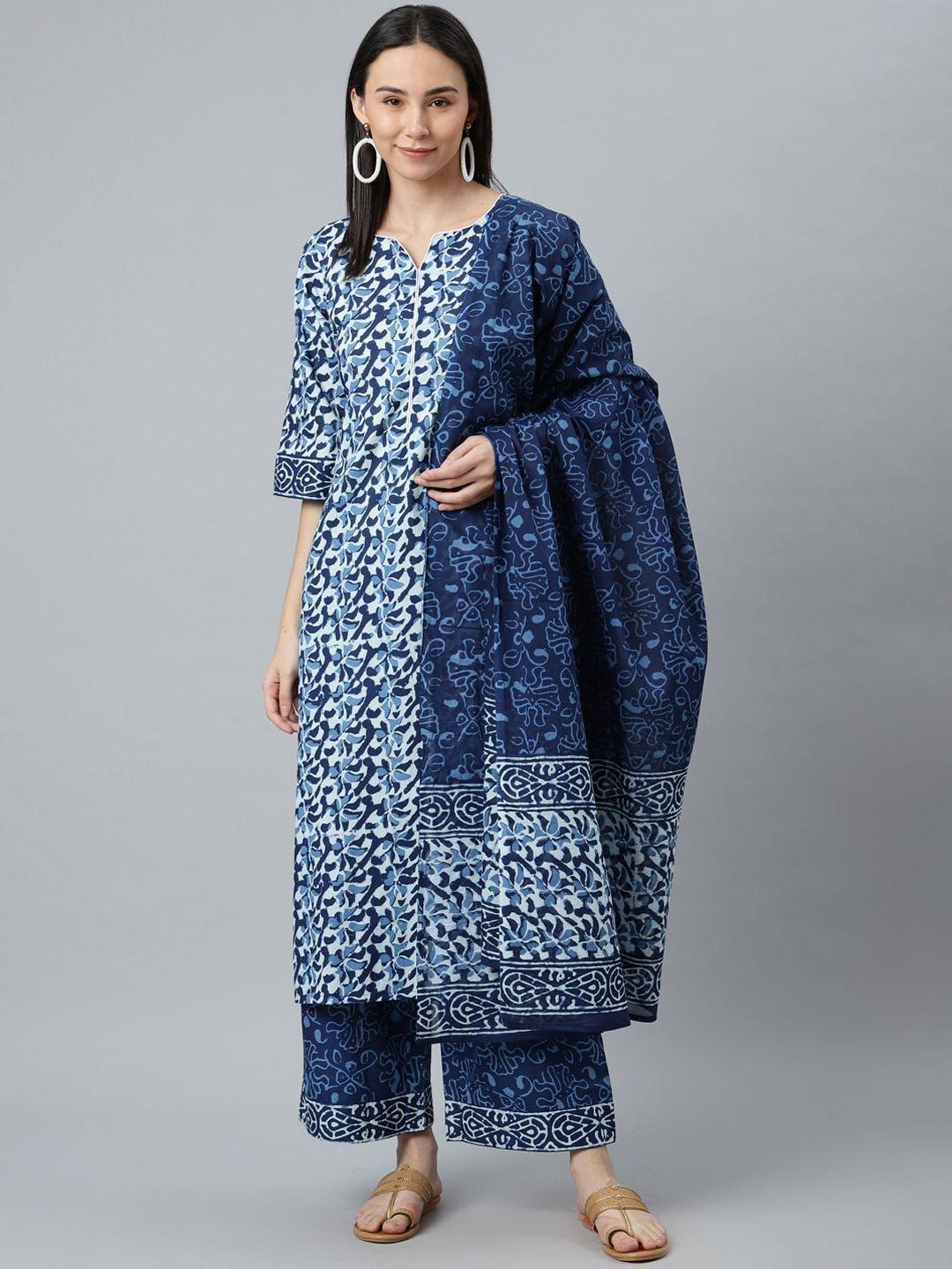 libas women blue floral printed pleated pure cotton kurti with palazzos & with dupatta