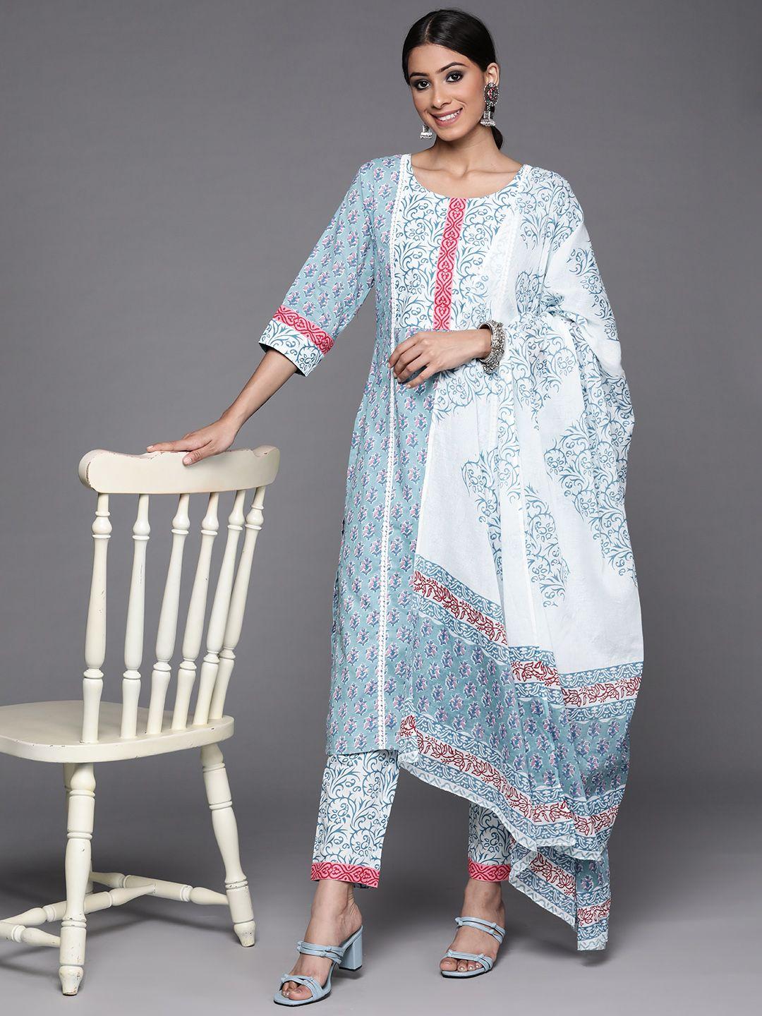 libas women blue floral printed pure cotton kurta with trousers & with dupatta