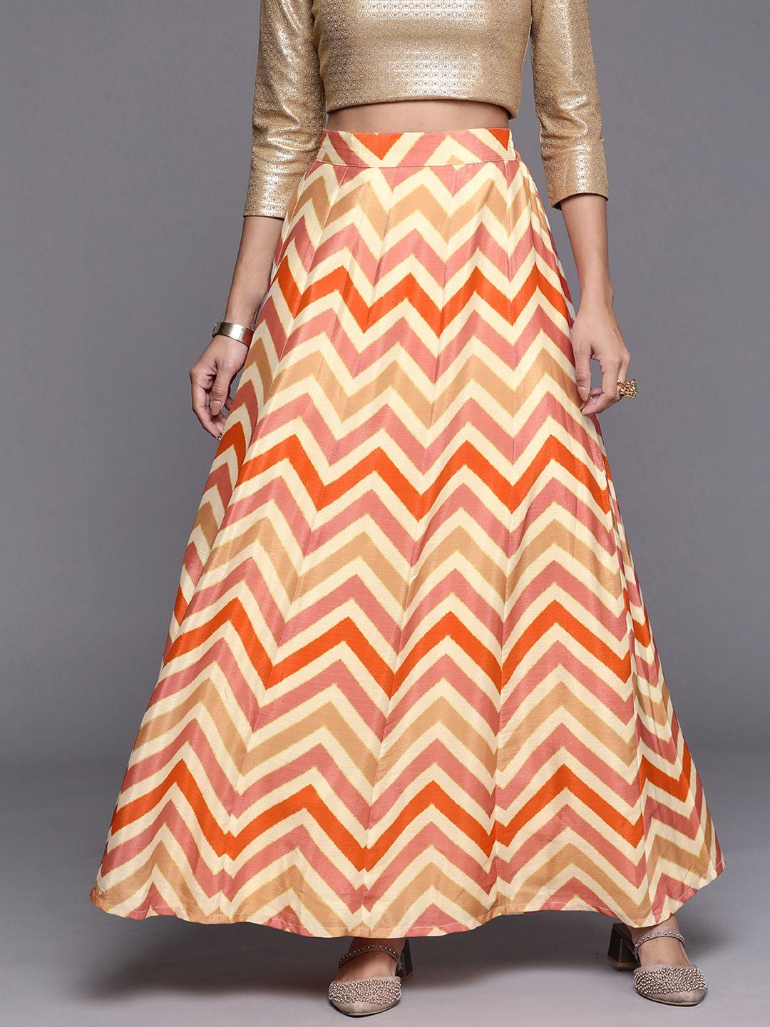libas women cream-coloured & orange chevron printed ethnic skirt