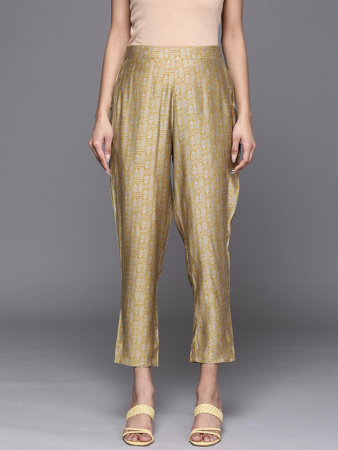 libas women golden ethnic motifs printed ethnic trousers