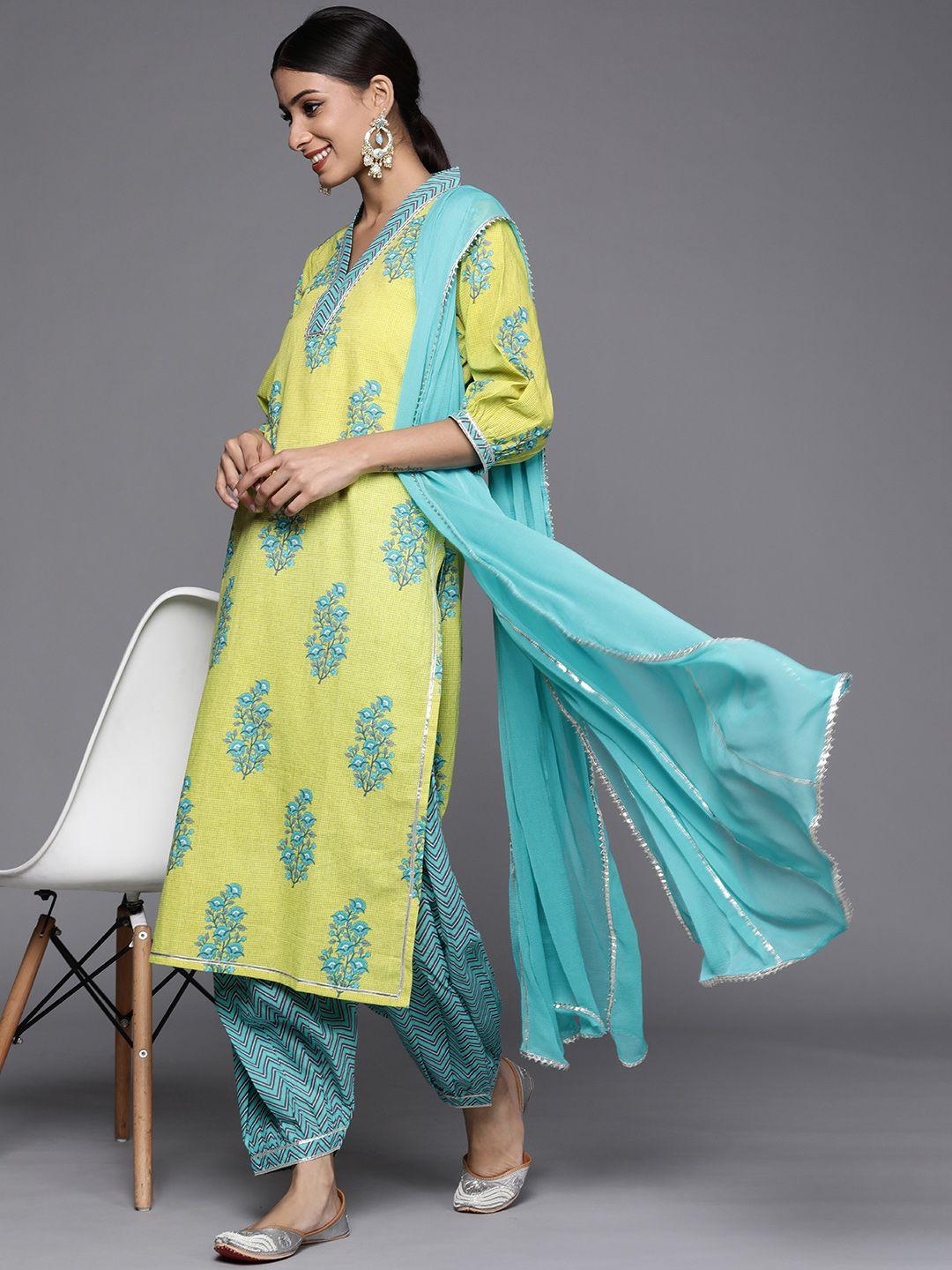 libas women green & blue checked & floral printed cotton straight kurta salwar & dupatta