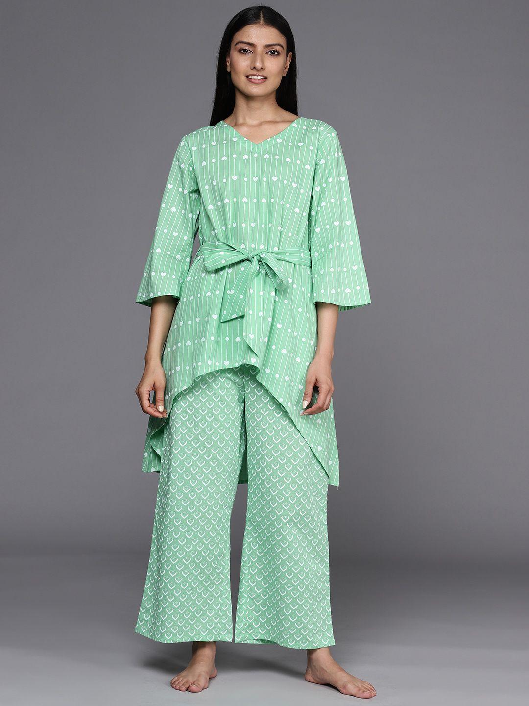 libas women green & white conversational printed cotton longline pyjama set
