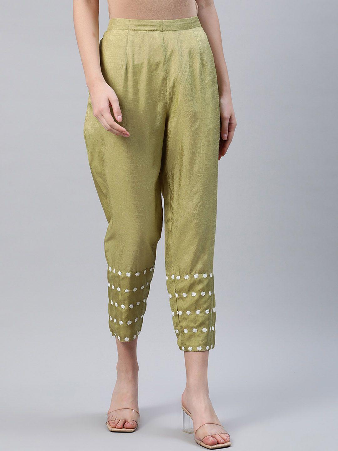 libas women green floral embroidered trousers