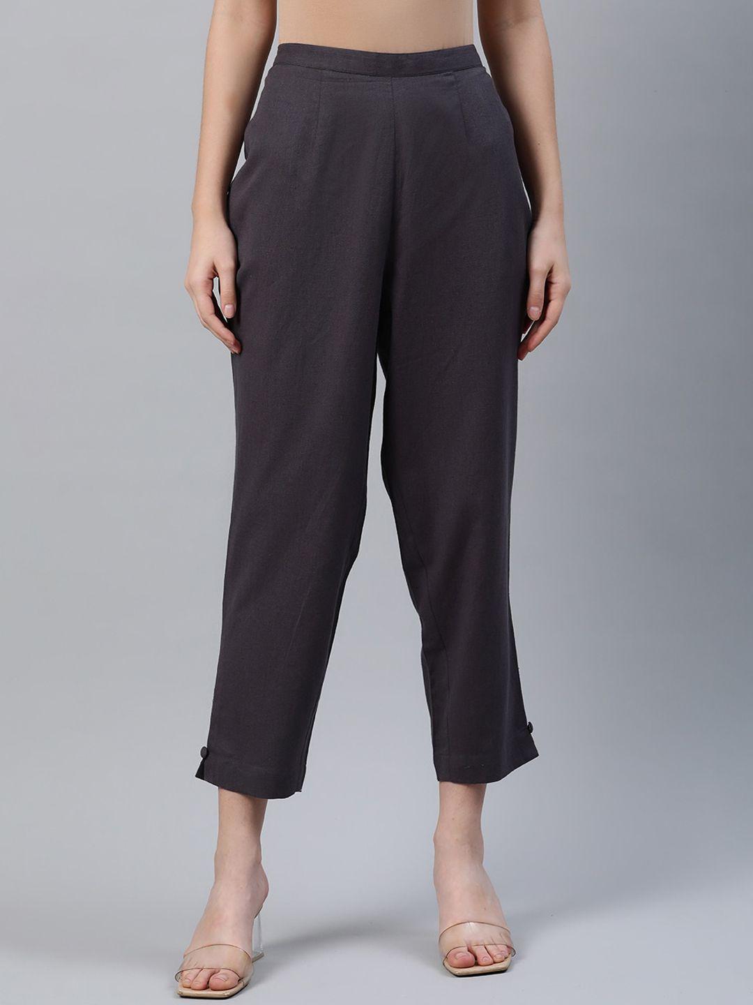 libas women grey solid cotton trousers
