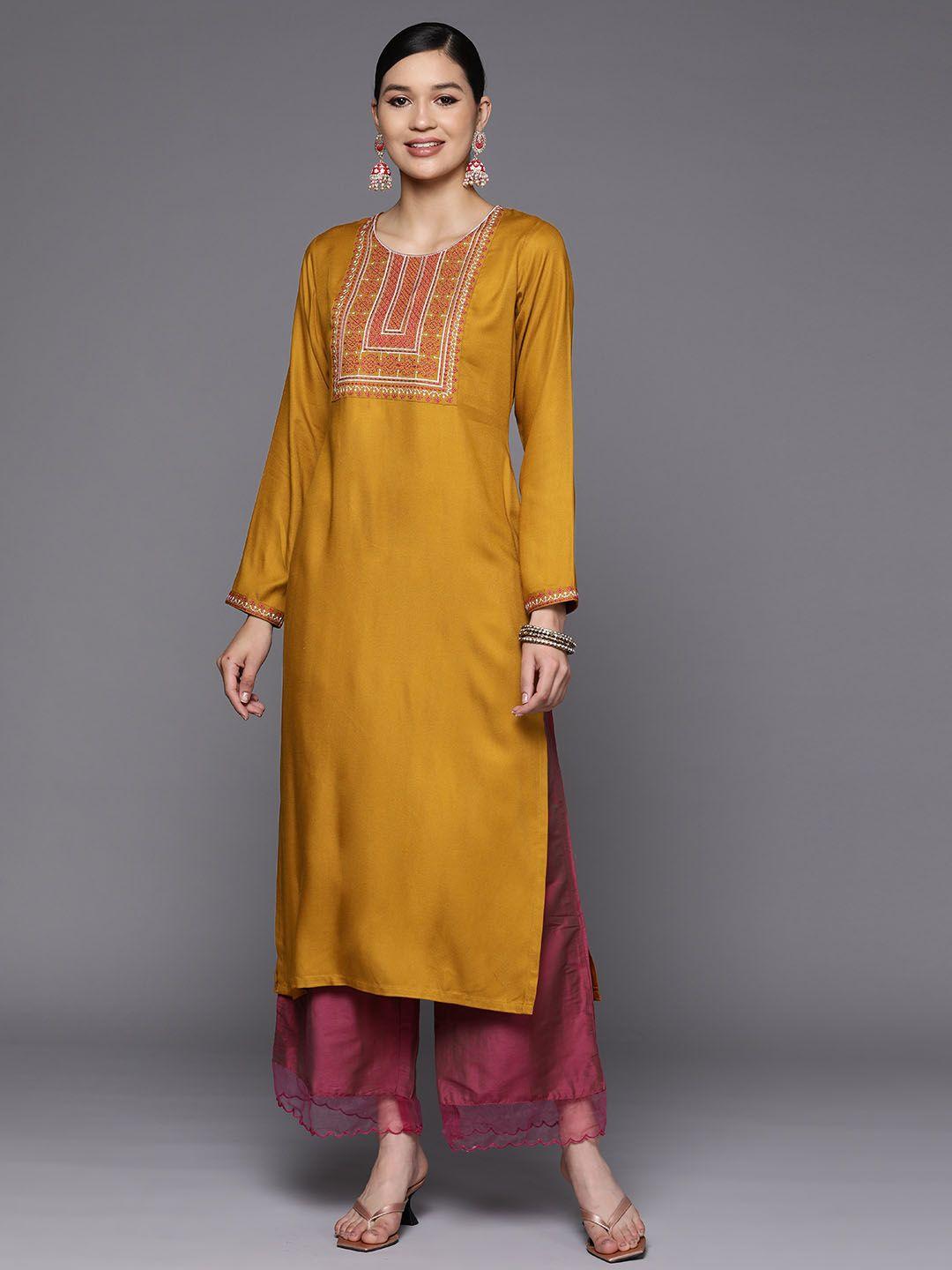 libas women mustard yellow pashmina wool floral embroidered yoke detail straight kurta