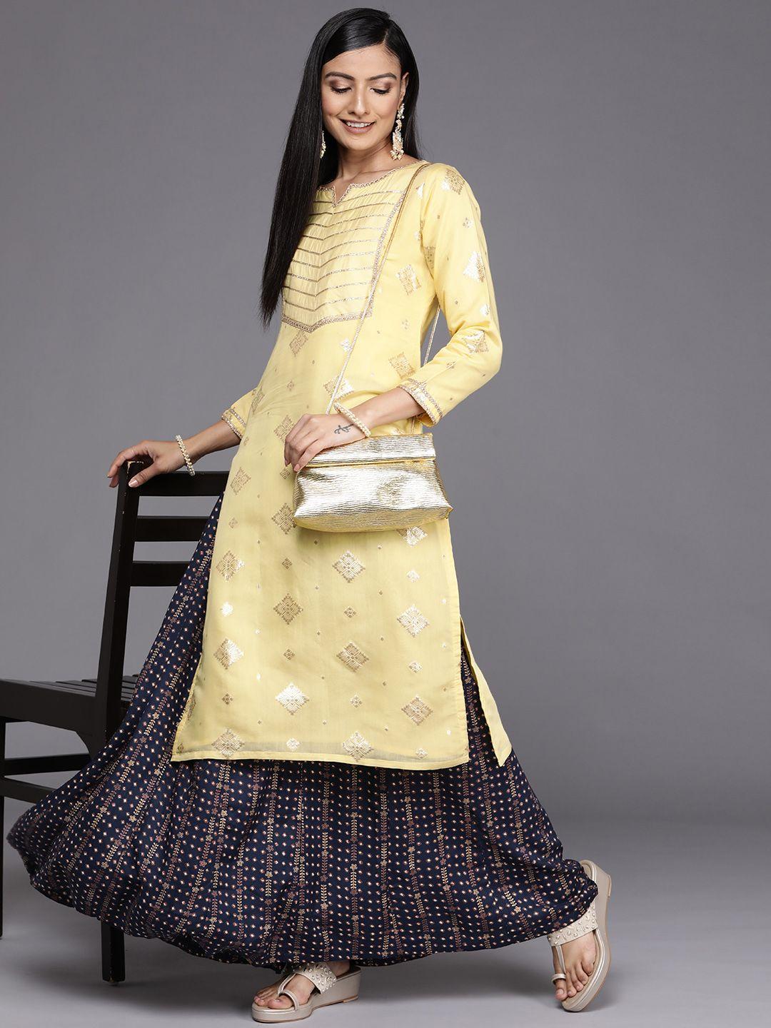 libas women navy blue & golden ethnic motifs printed flared skirt
