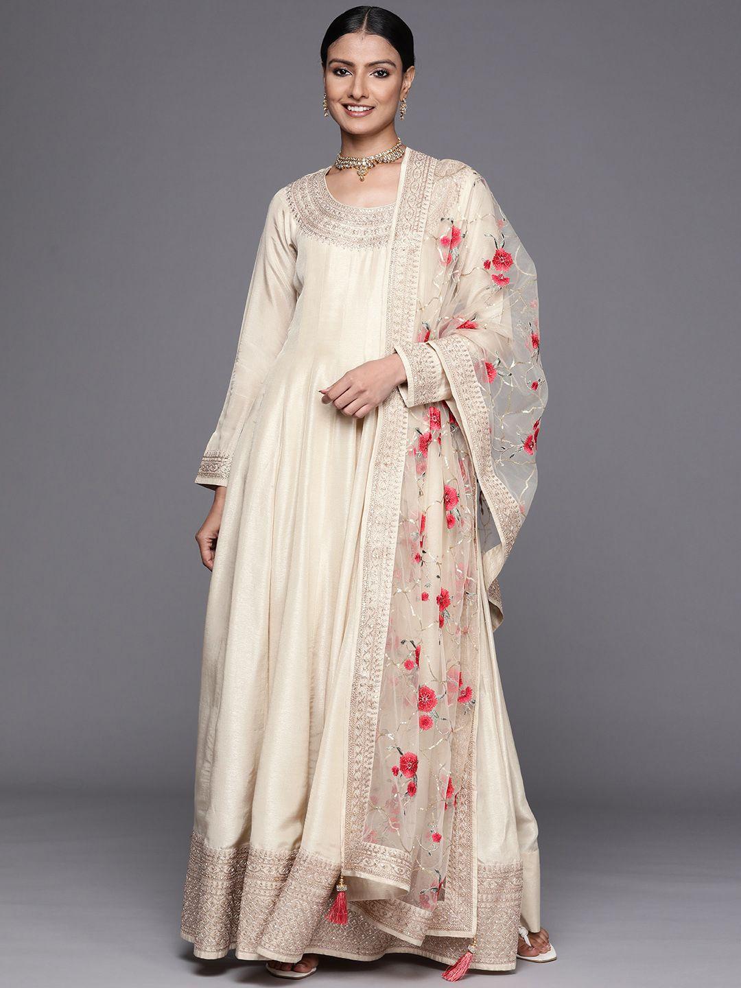 libas women off white floral embroidered pure silk kurta with trousers & dupatta