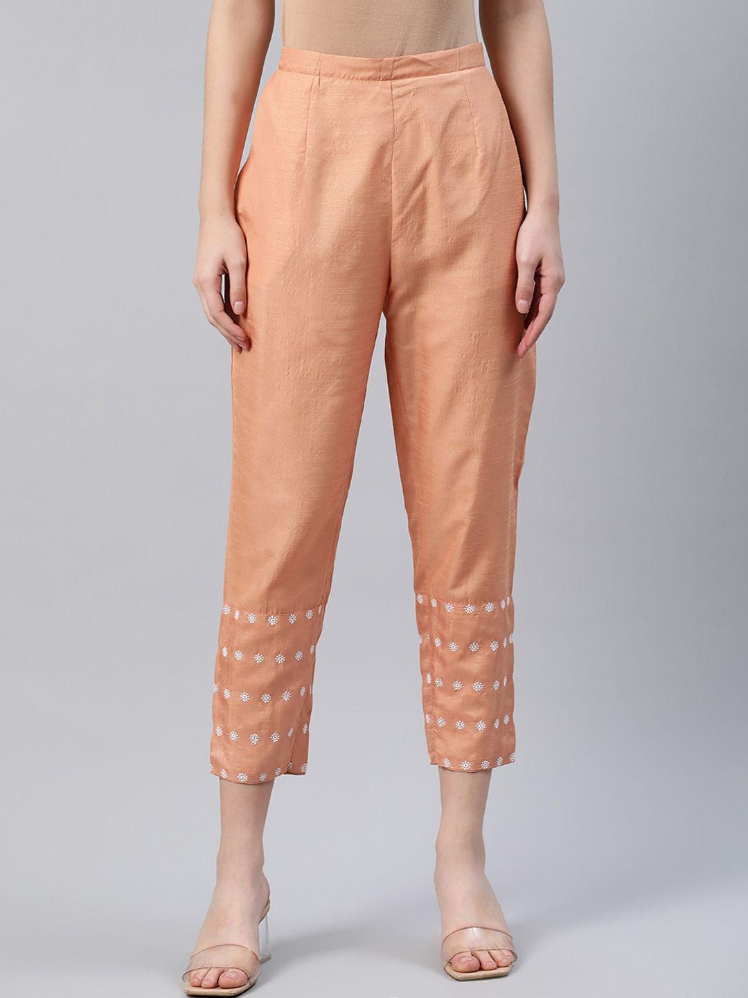 libas women orange slim fit embroidered cigarette trousers
