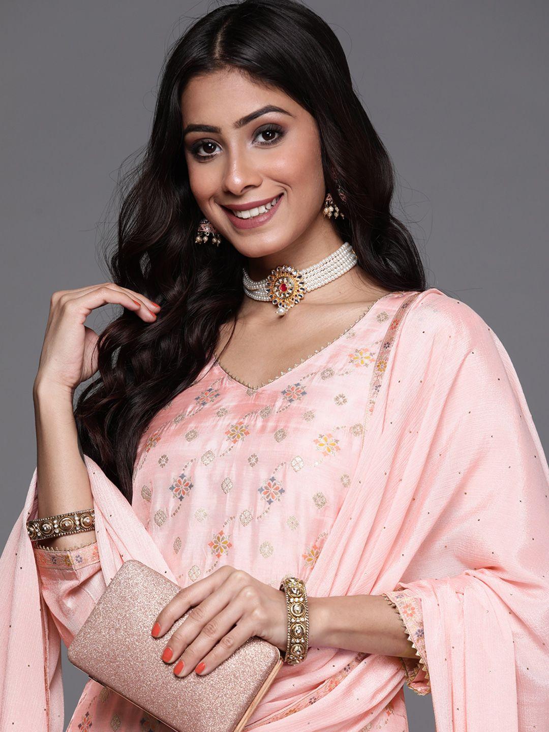libas women pink & gold zari woven design straight kurta with trousers dupatta