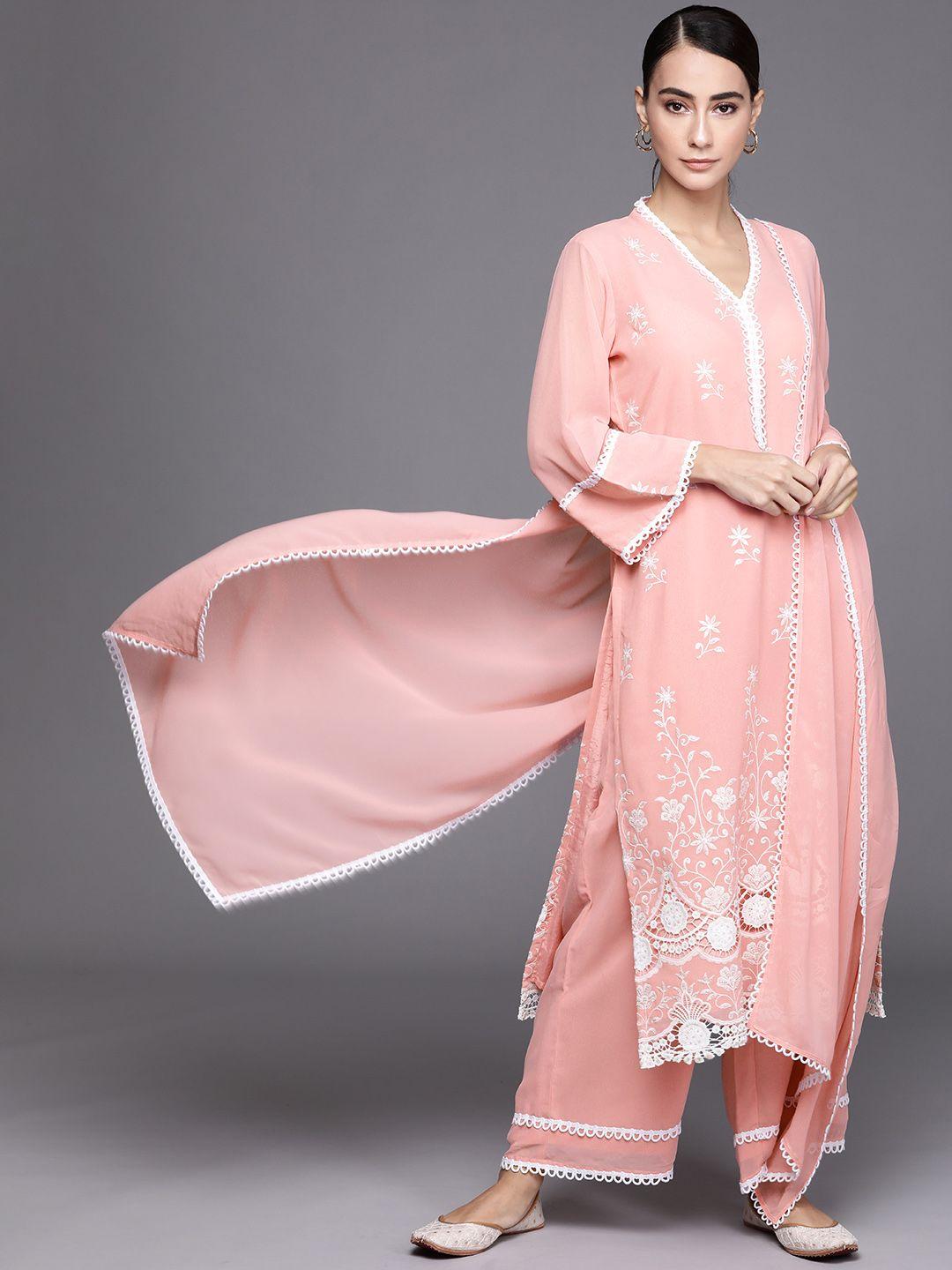 libas women pink floral embroidered straight kurta with palazzos & dupatta