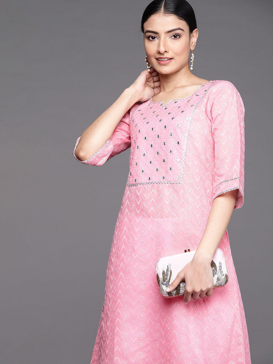 libas women pink geometric embroidered flared sleeves gotta patti pure cotton a-line kurta