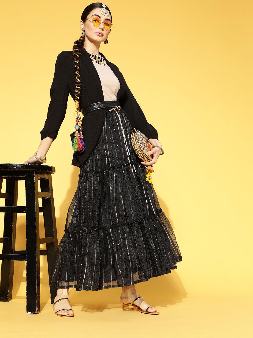 libas women stylish black embellished tiered skirt