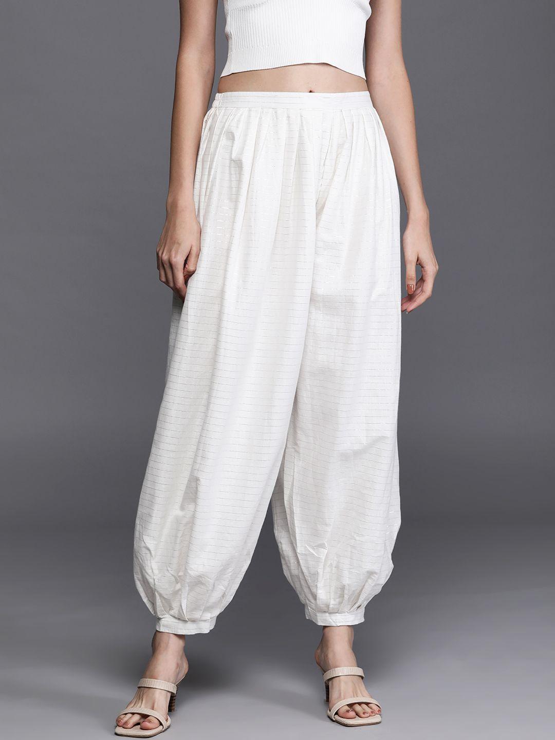 libas women white & grey striped slim-fit cotton salwar
