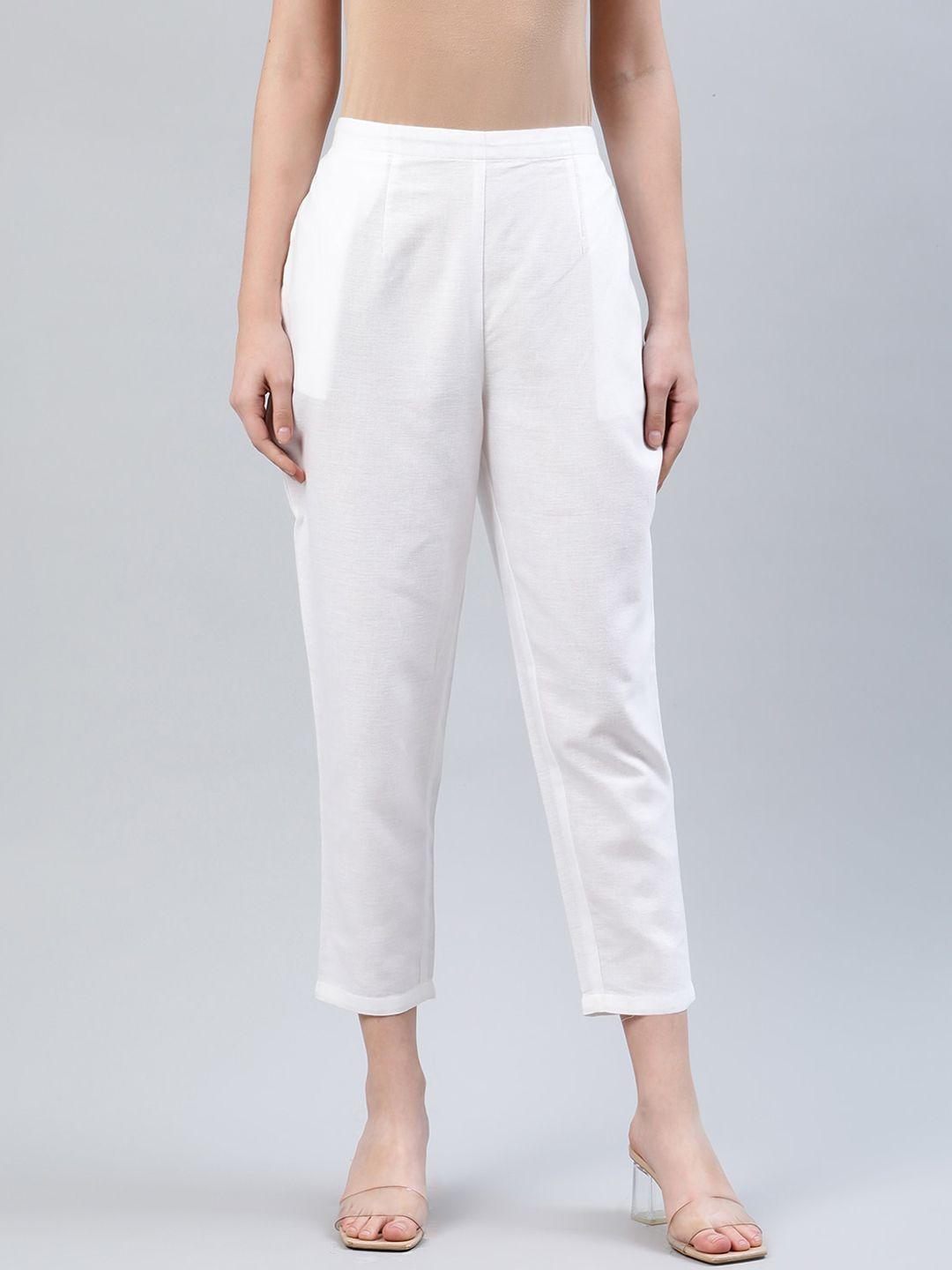 libas women white solid cotton trousers