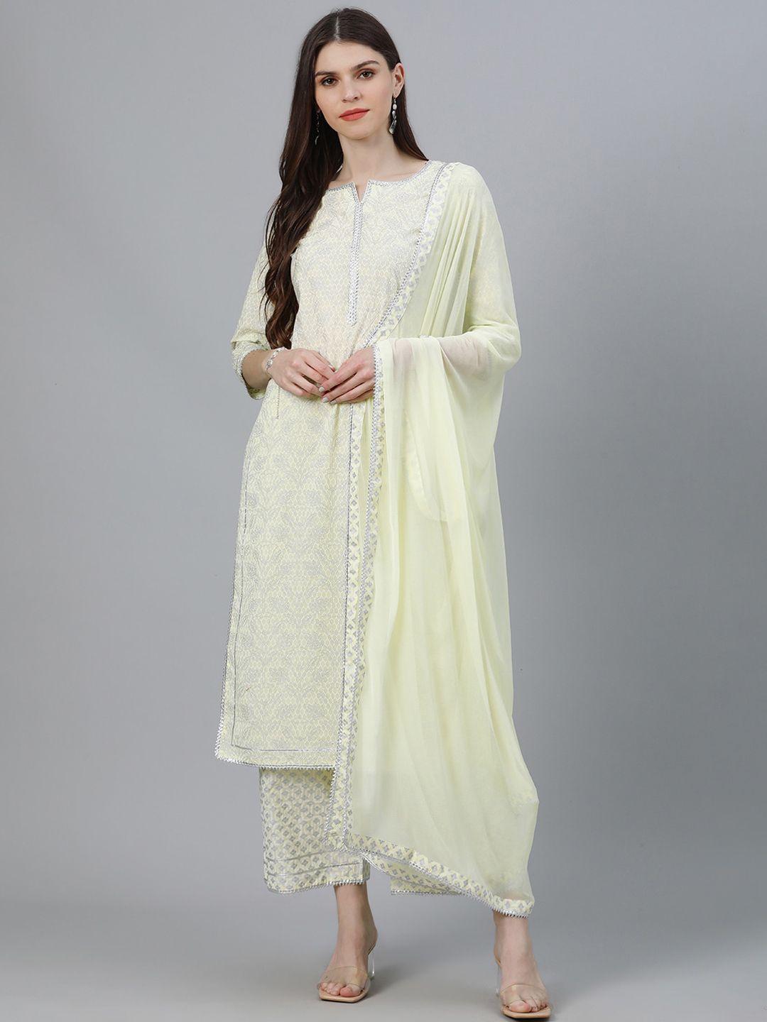 libas women yellow & silver-coloured cotton printed kurta with palazzos & dupatta