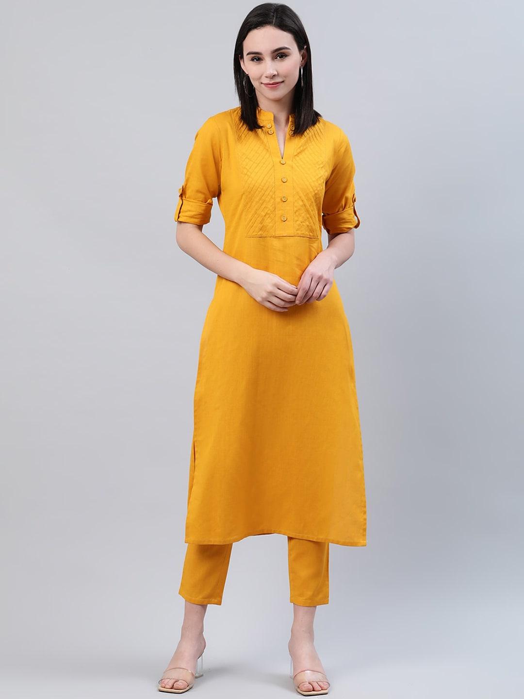 libas women yellow band collar roll-up sleeves a-line kurta