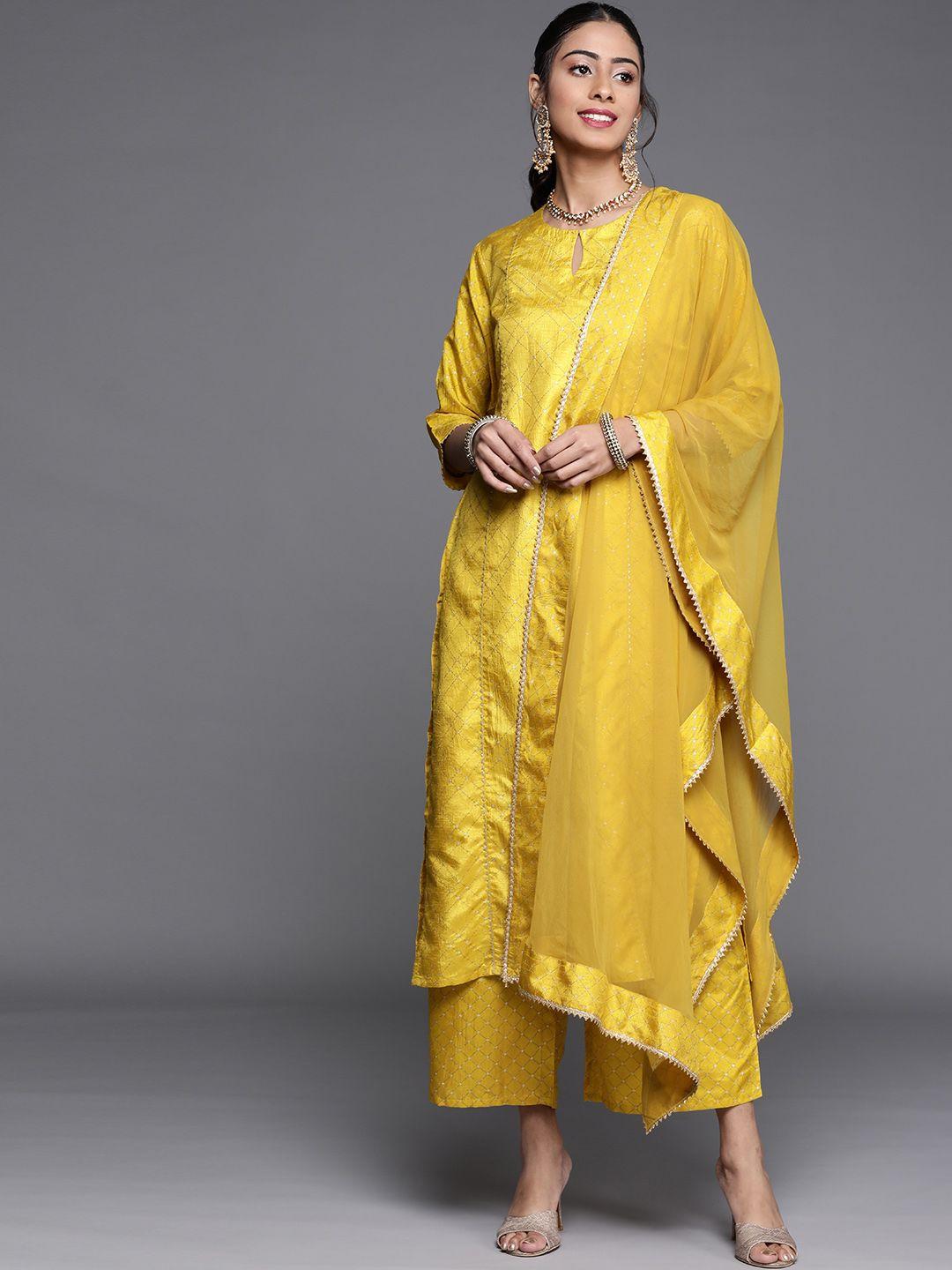 libas women yellow printed regular sequinned kurta with palazzos & dupatta