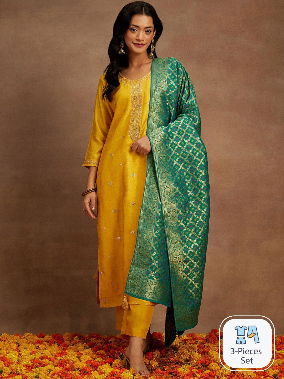 libas yellow embroidered thread work kurta with trousers & with dupatta