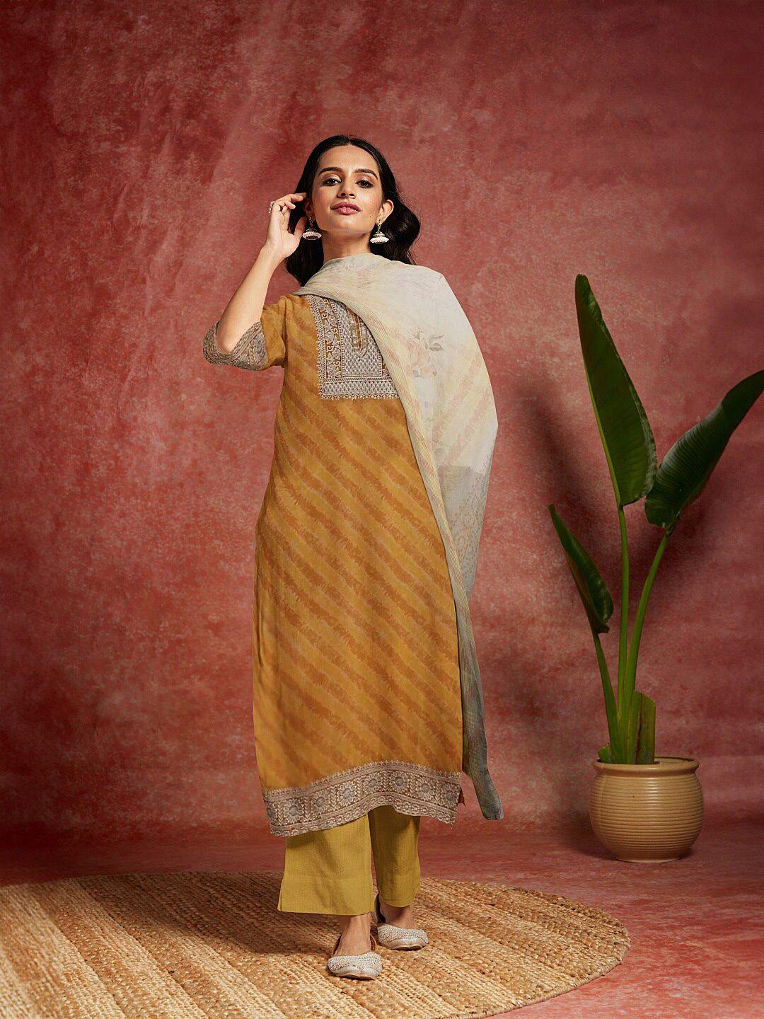 libas yellow striped thread work detailed organza unstitched dress material