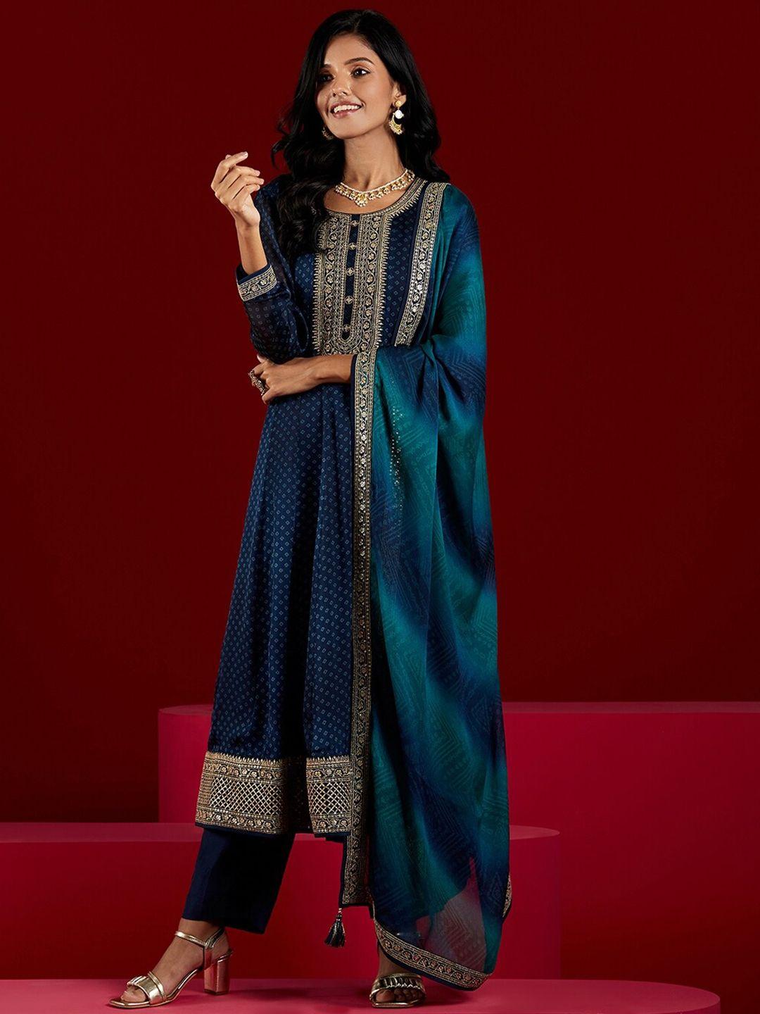 libas art bandhani yoke design panelled sequinned kurta with trousers & dupatta