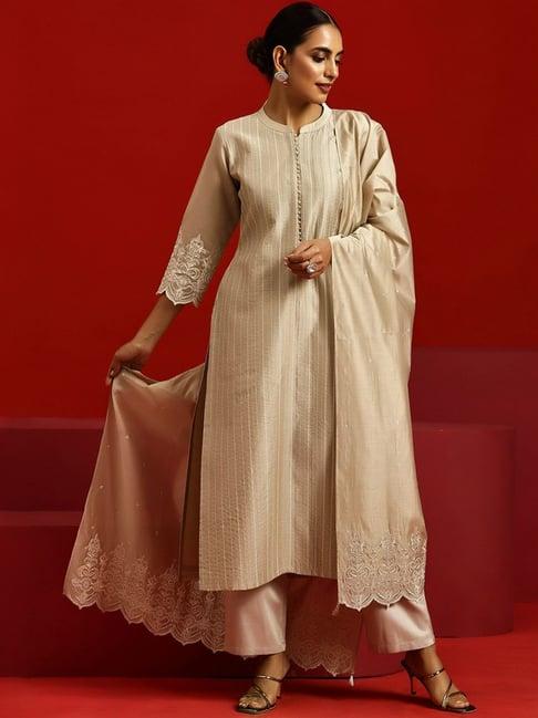 libas art beige embroidered kurta pant set with dupatta