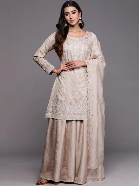 libas art beige embroidered kurti palazzo set with dupatta