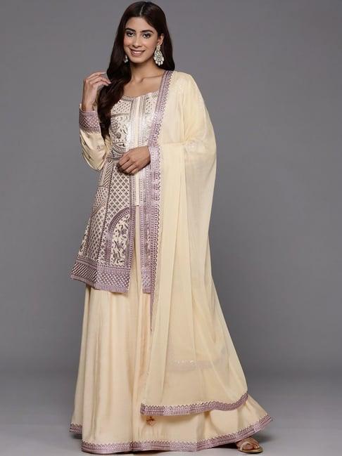 libas art beige embroidered kurti palazzo set with dupatta