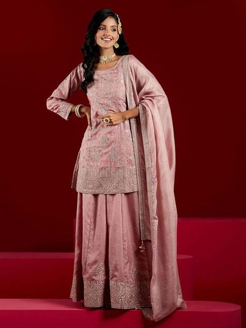 libas art dusty pink embroidered kurti palazzo set with dupatta