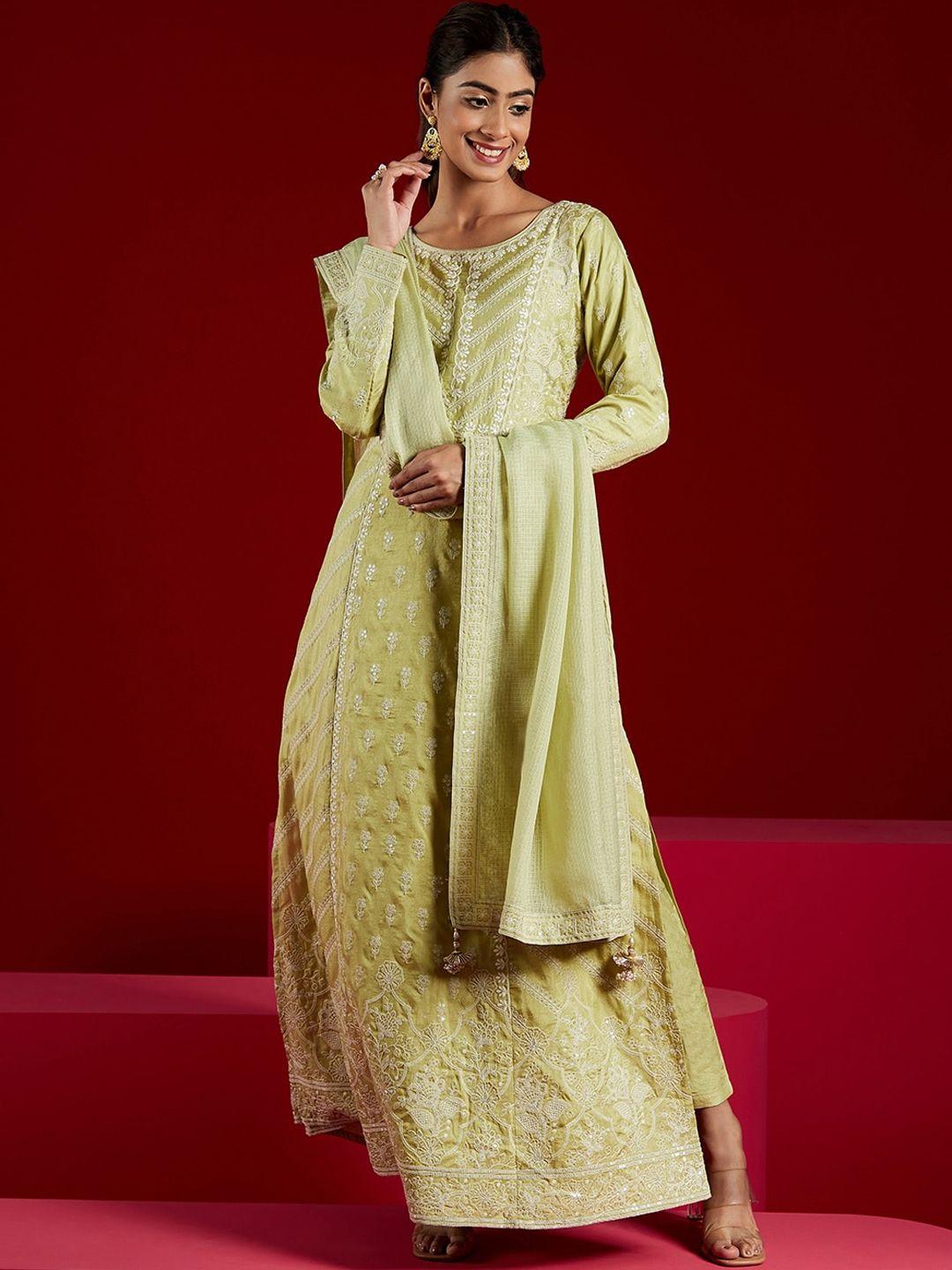 libas art ethnic embroidered panelled sequined pure silk kurta with trousers & dupatta