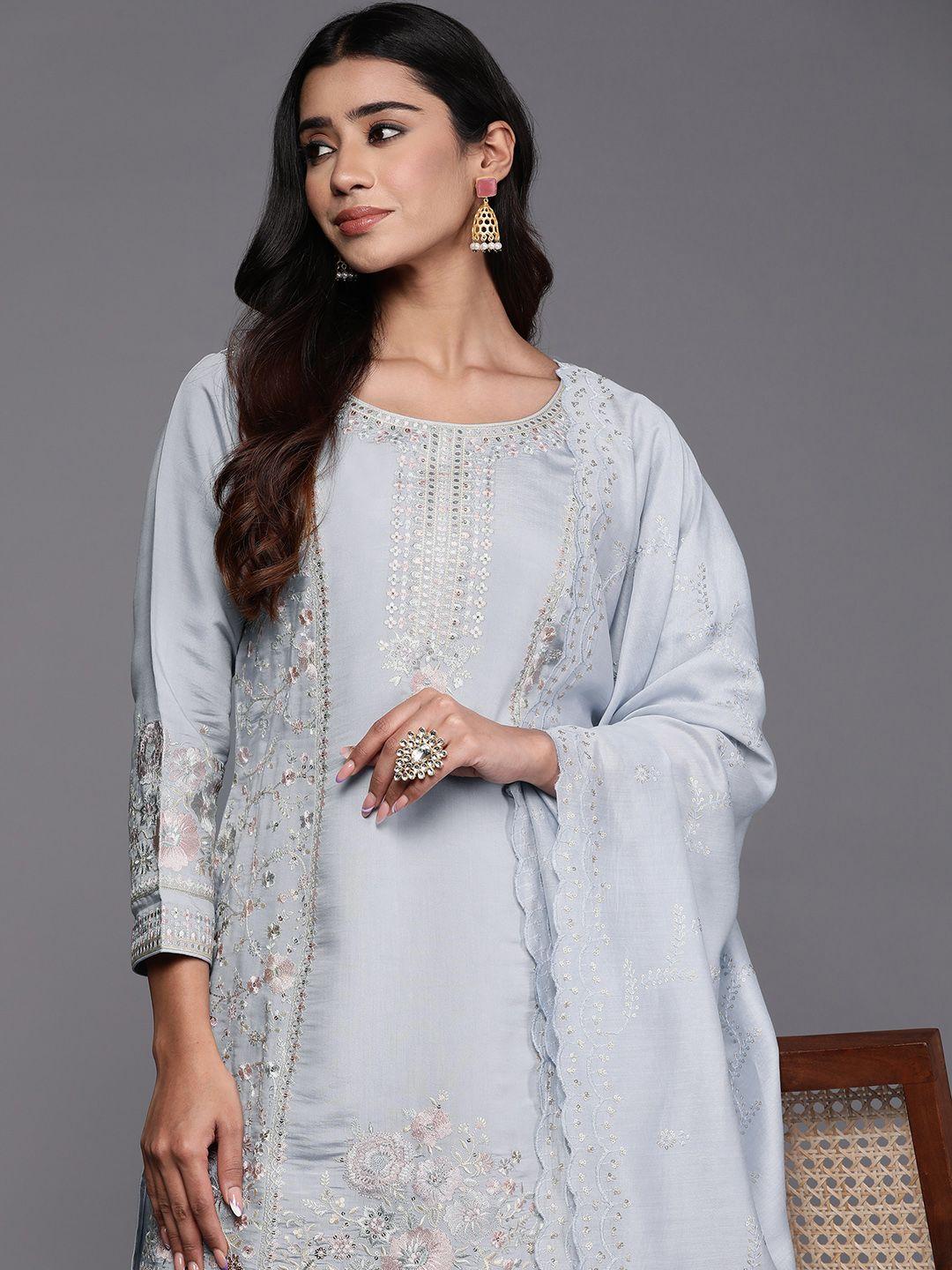 libas art floral embroidered panelled thread work kurta with palazzos & dupatta