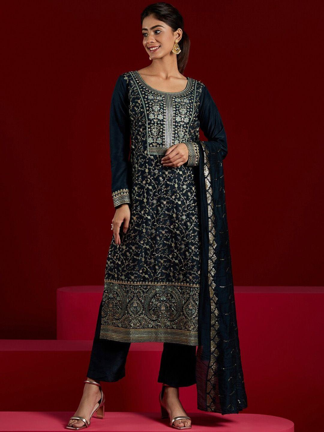 libas art floral embroidered regular kurta with trousers & dupatta