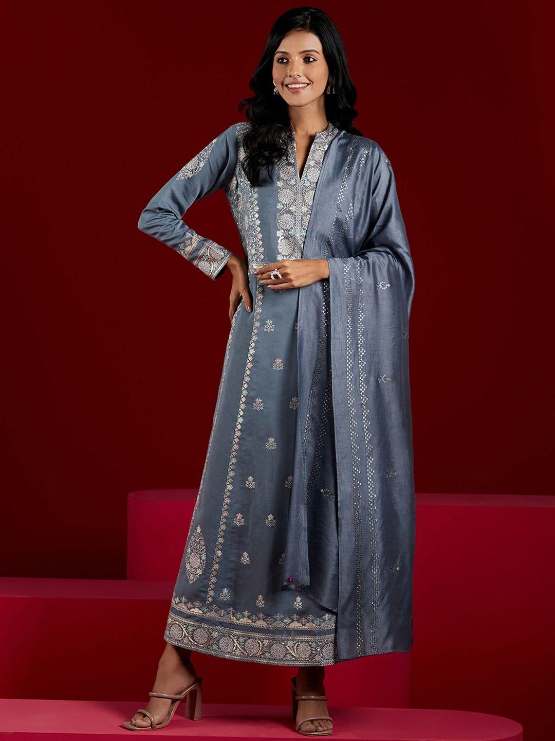 libas art floral embroidered regular kurta with trousers & dupatta