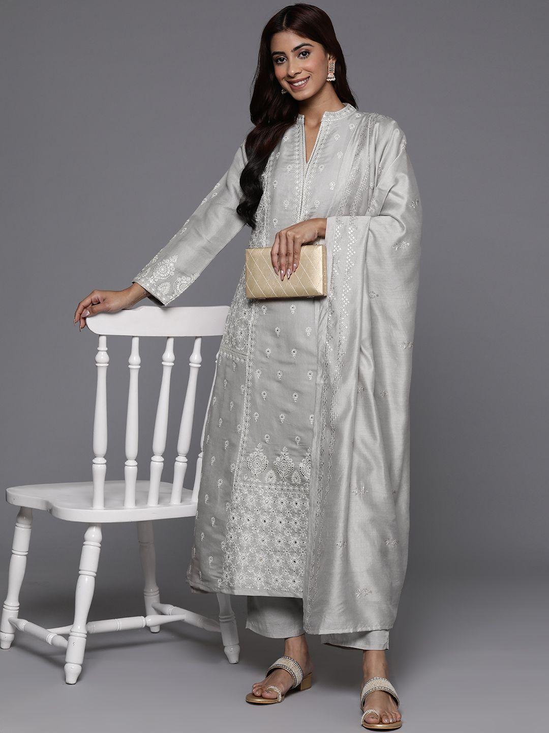 libas art floral embroidered regular thread work kurta with trousers & dupatta