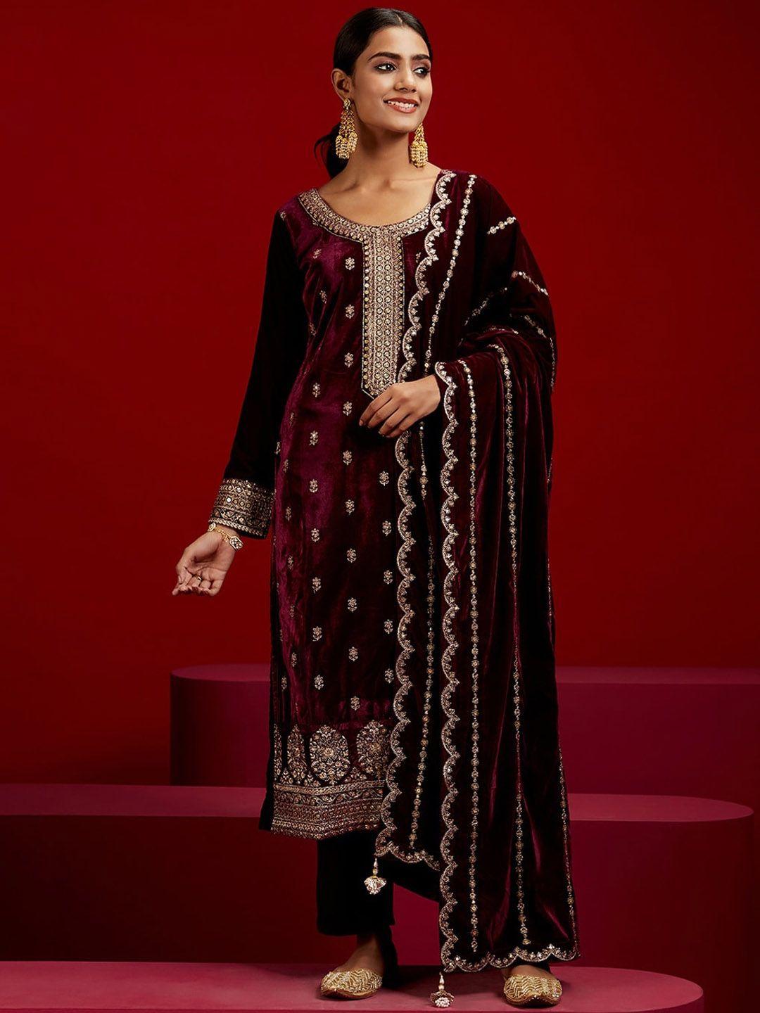 libas art floral embroidered sequinned velvet kurta with trousers & dupatta