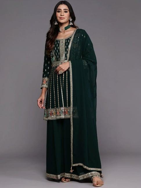 libas art green embroidered kurti palazzo set with dupatta