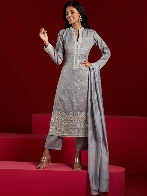 libas art grey embroidered kurta pant set with dupatta