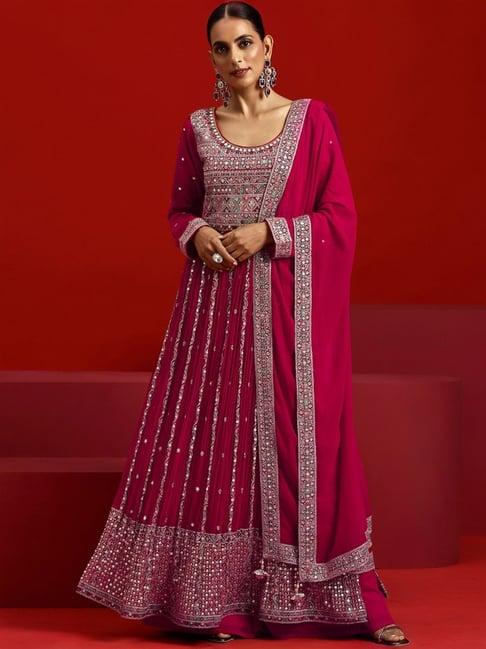 libas art hot pink embroidered kurta palazzo set with dupatta