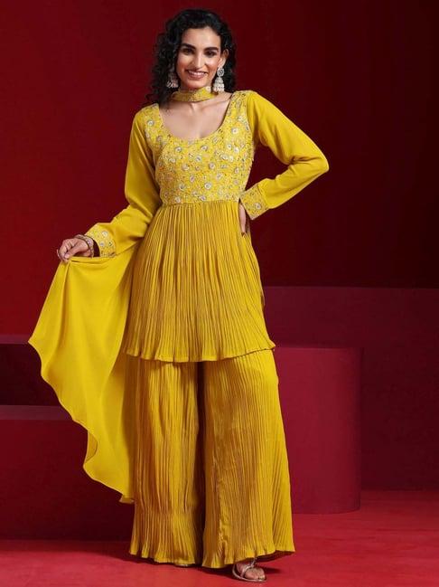 libas art mustard embroidered kurti sharara set with dupatta