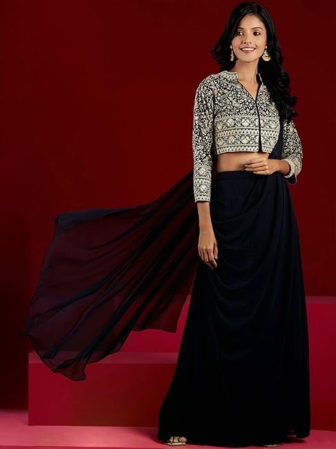 libas art navy embroidered crop top palazzo set with dupatta